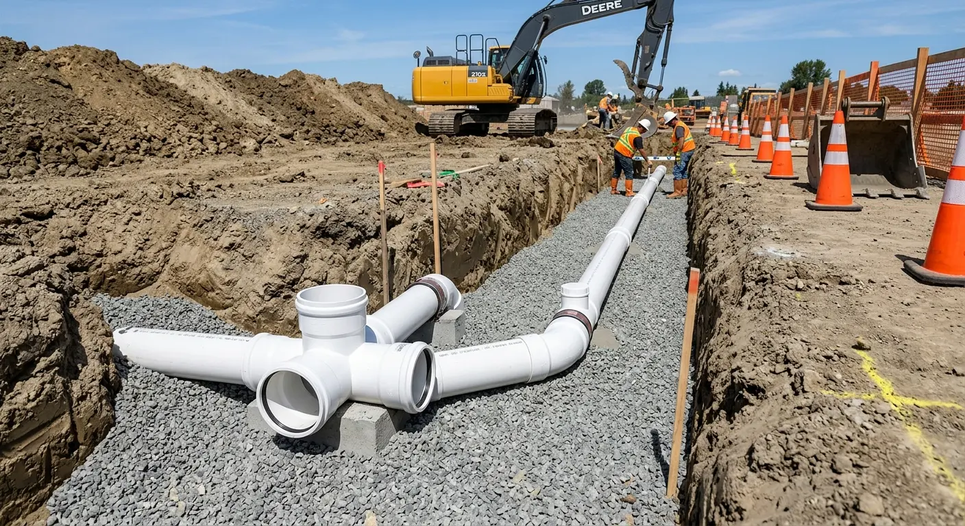 New PVC sewer pipe installation in open trench for Sewer Backup in Camarillo