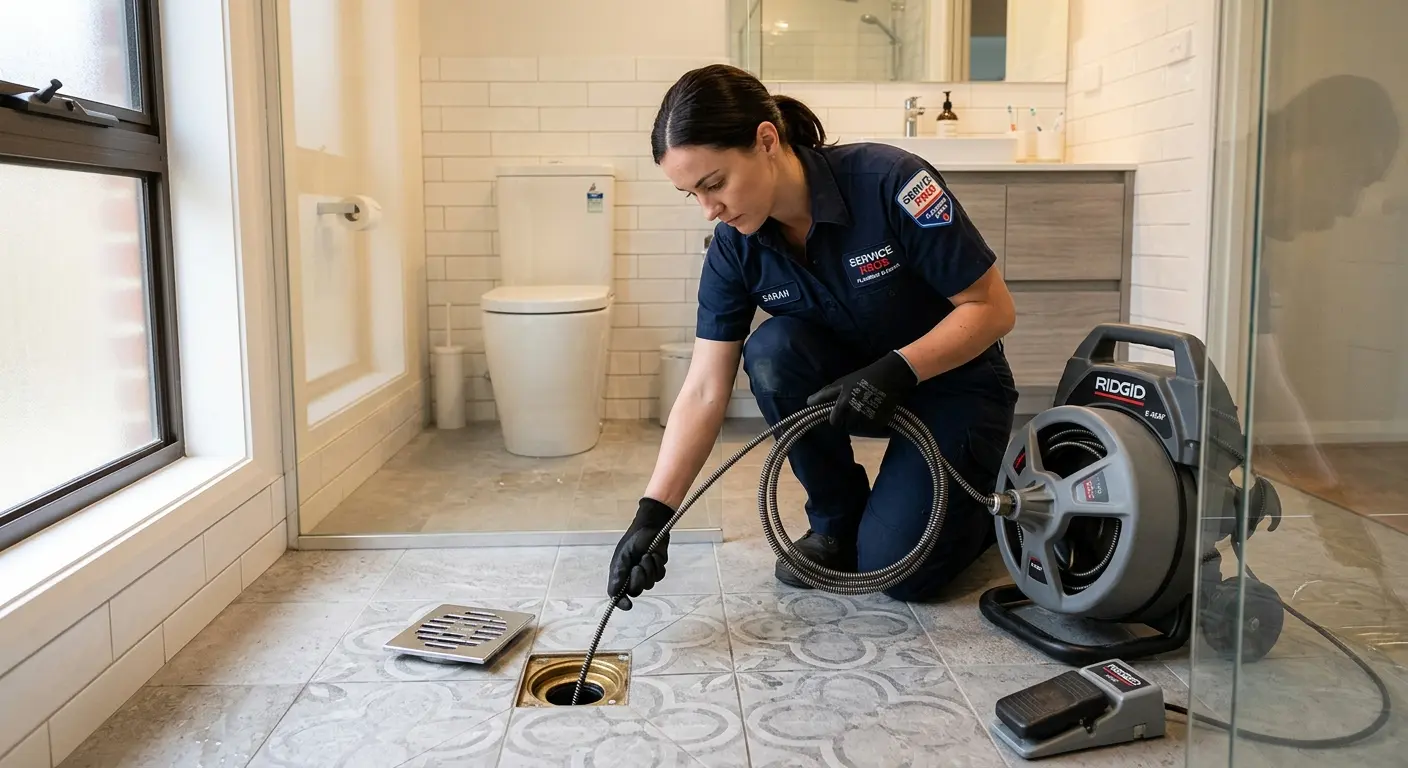 Technician clearing a bathroom floor drain for Drain Repair in Camarillo
